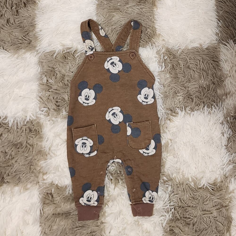 Disney Baby Mickey Mouse Print Overalls in Brown